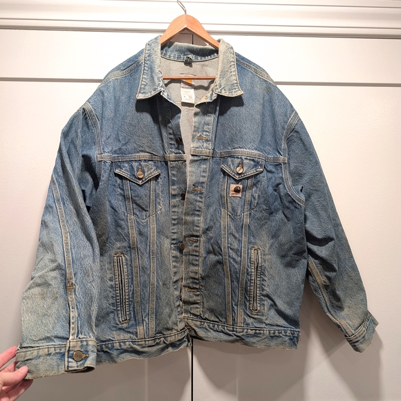 CARHARTT Distressed Destroyed Faded Blue Denim Jacket Size XXL